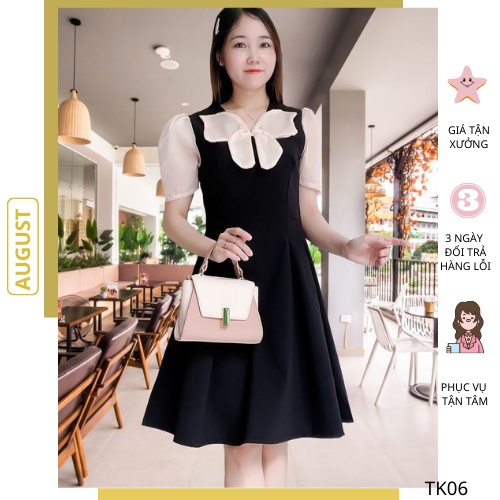 Váy dáng xòe midi qua gối cổ nơ voan, Đầm dự tiệc thiết kế theo phong cách Hàn Quốc