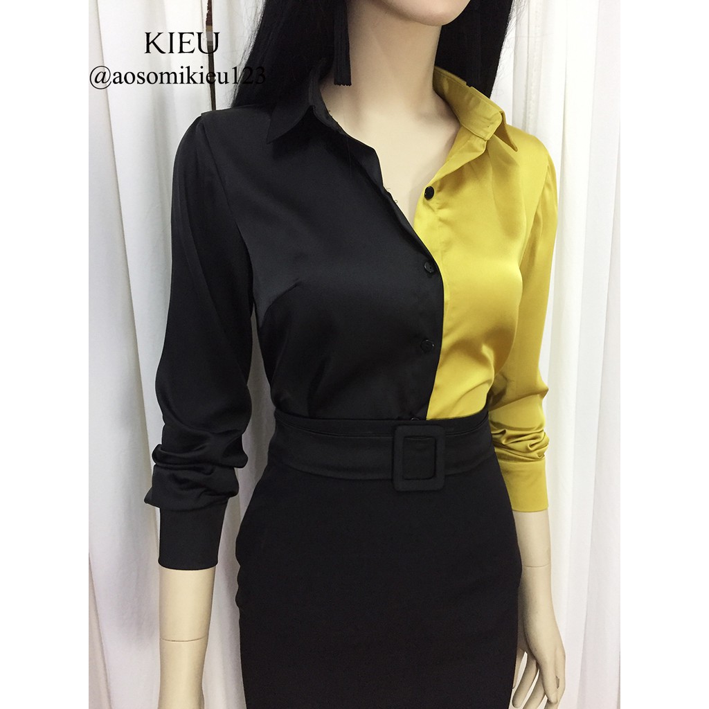 Áo sơ mi nữ đen pha trắng 💖Vải lụa💖Áo lụa đen trắng dài tay phom ôm vừa | BigBuy360 - bigbuy360.vn