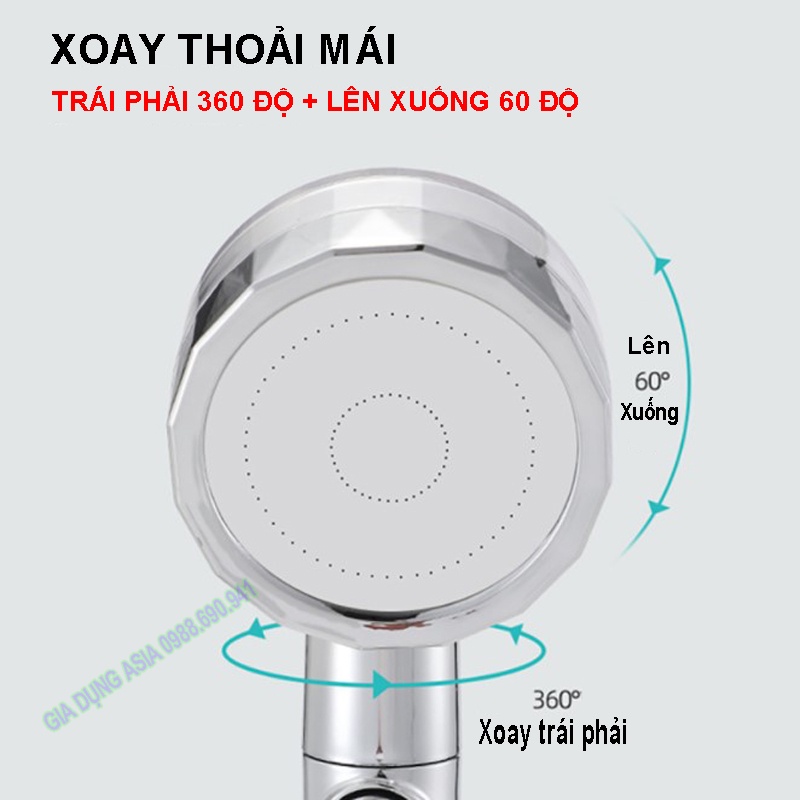 Vòi sen tăng áp cánh quạt xoay 360 độ có nút nhấn stop tiết kiệm nước