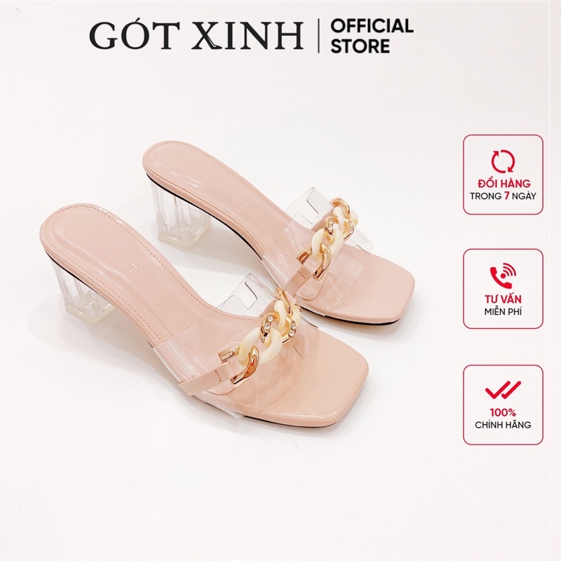 Dép cao gót nữ GÓT XINH D15 quai ngang chất liệu mika trong phối xích cao 5cm