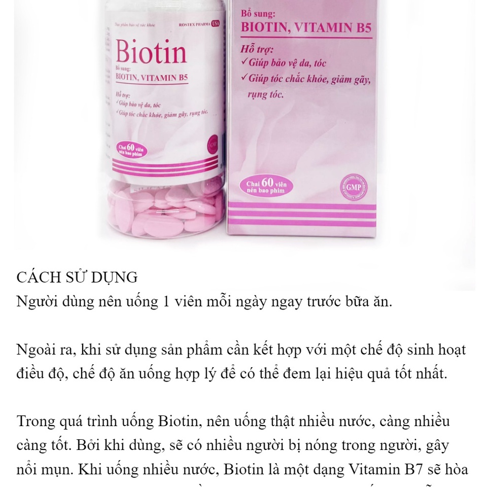 Viên uống Biotin bổ sung Biotin và Vitamin B5 giúp giảm rụng tóc, bảo vệ da, chắc móng (Hộp 60 viên)