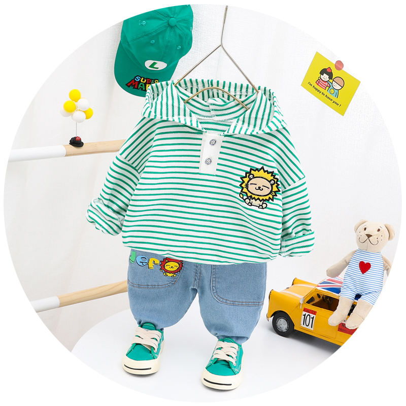 Bộ quần áo hai mảnh gồm áo cotton tay dài có mũ trùm kẻ sọc và quần jean xanh dương thời trang mùa thu dành cho em bé