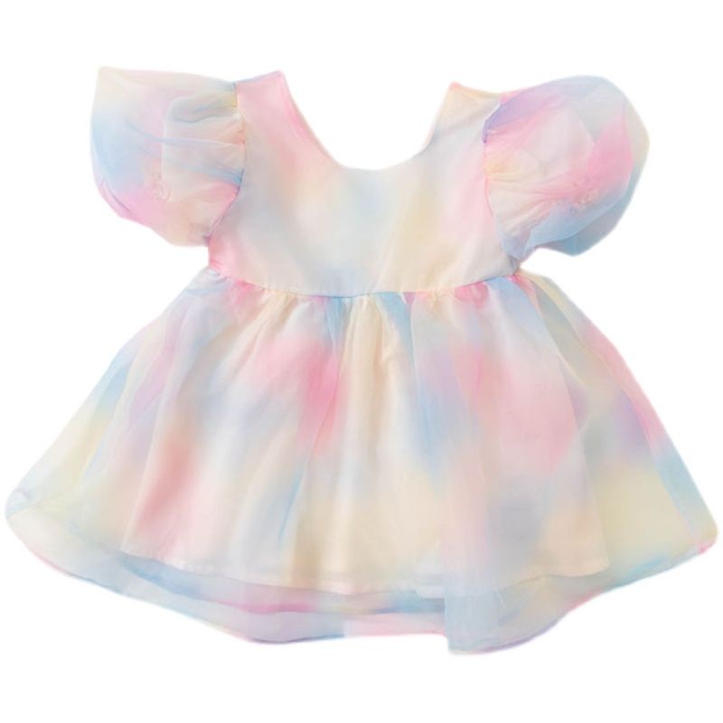Đầm Công Chúa Tay Phồng Ngắn Thắt Nơ Màu Cầu Vồng Gradient Thời Trang Mùa Hè Hàn Quốc Hàng Mới Dành Cho Bé Gái 2023
