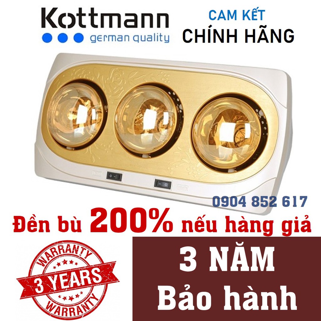 [CHÍNH HÃNG] ĐÈN SƯỞI NHÀ TẮM HỒNG NGOẠI KOTTMANN 3 BÓNG MẠ VÀNG K3B-H