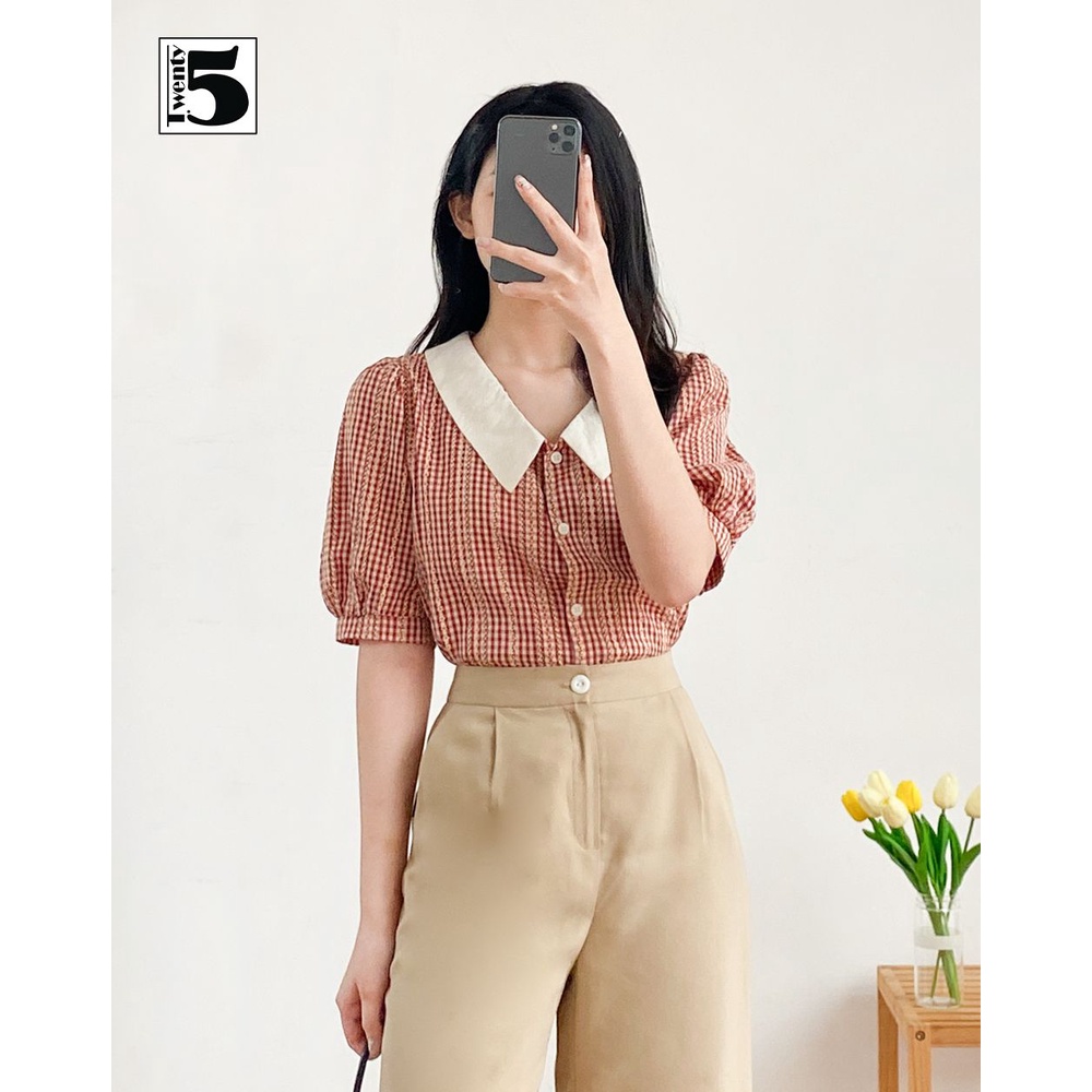 Áo sơ mi nữ công sở dáng lửng cổ sen tay bồng kẻ caro nhí Twentyfive N1068