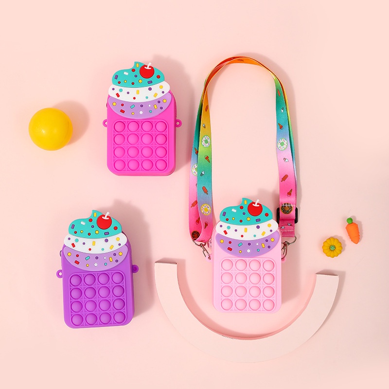 Pop it Fidget Túi đeo vai,Chất liệu silicone,thiết kế kem, Đồ chơi 2 trong 1 Push Bubble Silicone Đồ chơi, Quà sinh nhật cho trẻ em
