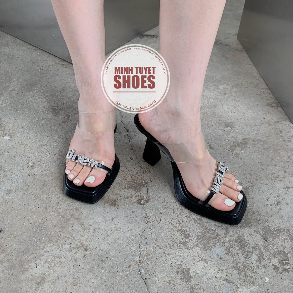 giày sandal cao gót nữ minhtuyetshoes đế nhọn 9cm đúp mũi quai ngang trong chữ waug mẫu mới