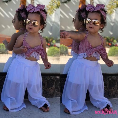 Set áo lửng hai dây + quần dài + băng đô nơ dễ thương cho bé gái