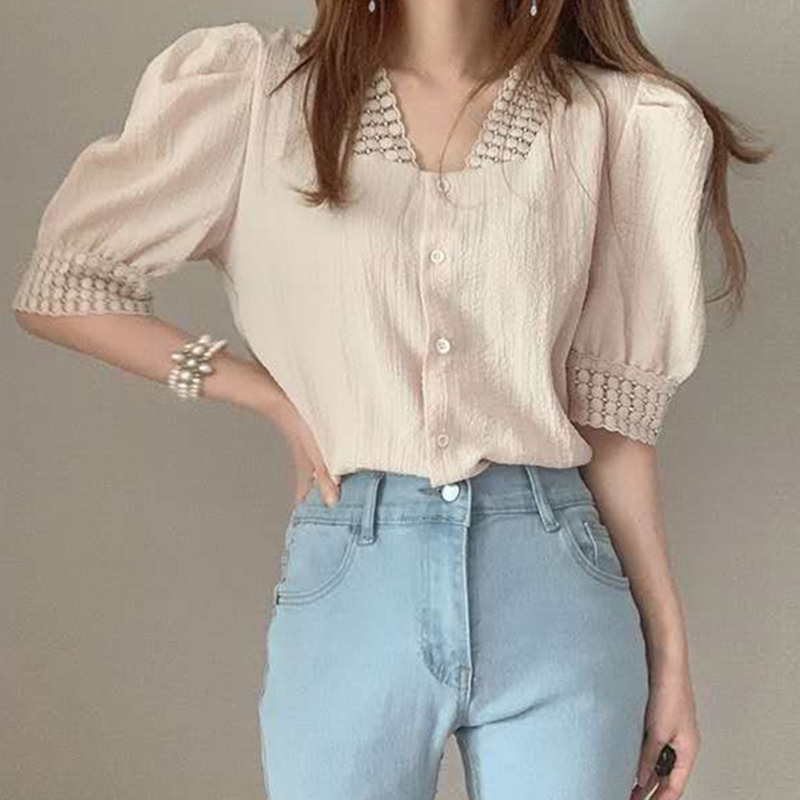 Áo Sơ Mi Nữ Tay Ngắn Cổ Chữ V Phong Cách Hàn Quốc