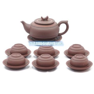 Bộ ấm chén Bát Tràng tử sa nâu chỉ đỏ lòng trắng (Nâu)