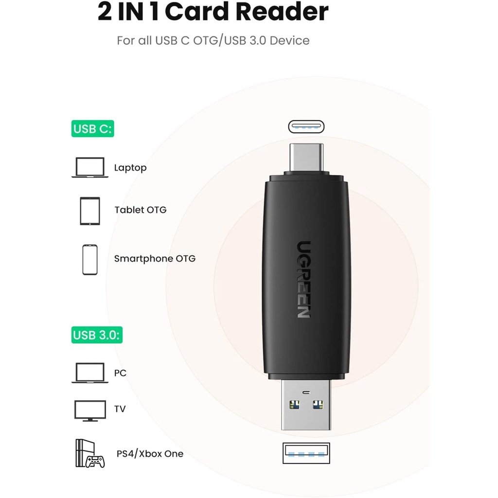 Đầu đọc thẻ nhớ SD/TF 2 trong 1 UGREEN 80191 USB-A &amp; Type-C ​- Hàng chính hãng - Bảo hành 18 tháng