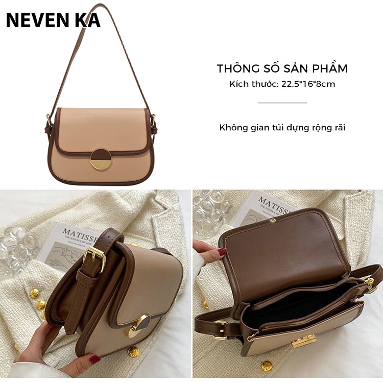Túi Đeo Vai Đeo Chéo Phối Màu Nắp Khóa Xoay Nửa Vầng Trắng NEVENKA N0017