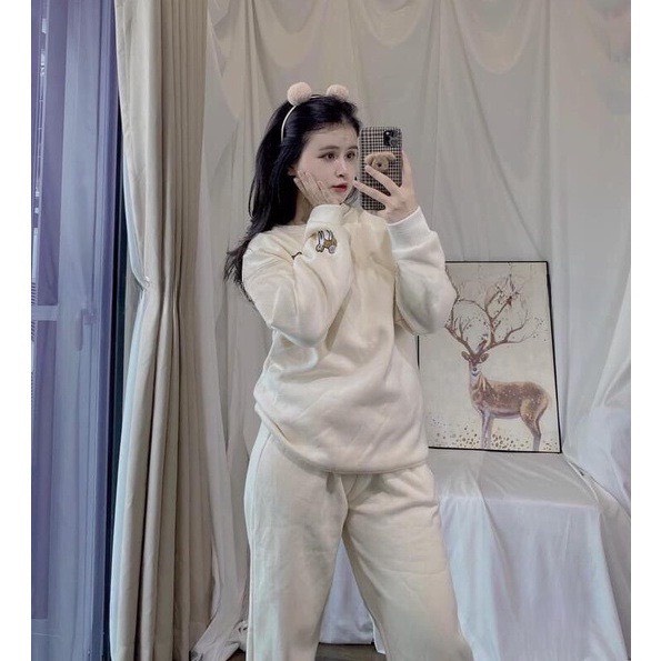 Set nỉ thêu chó shiba dài tay nữ - Bộ đồ ngủ quần ống bo gấu kèm áo sweater màu trắng, nâu mặc ở nhà đẹp HOT TREND