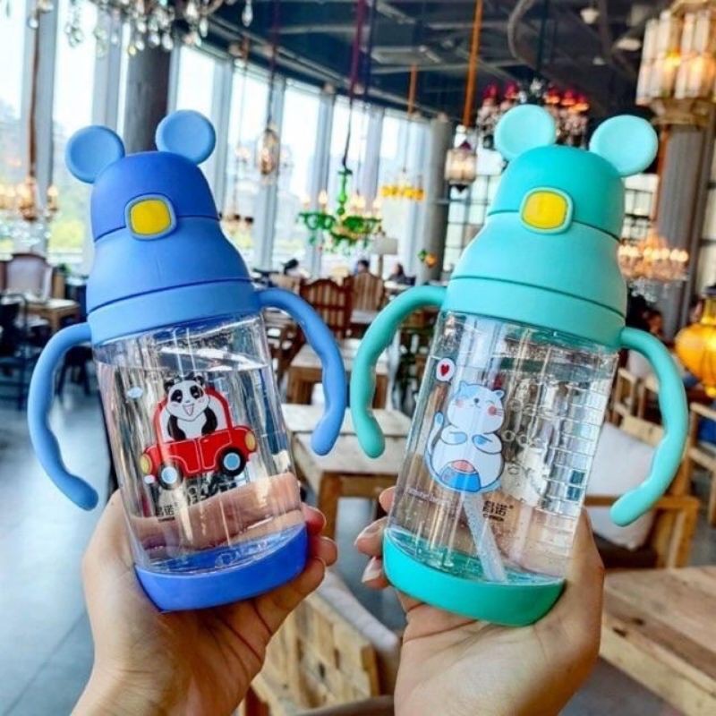 Bình tập uống nước mickey 350ml có dây đeo tiện dụng cho bé đi lớp, bình nước chia vạch