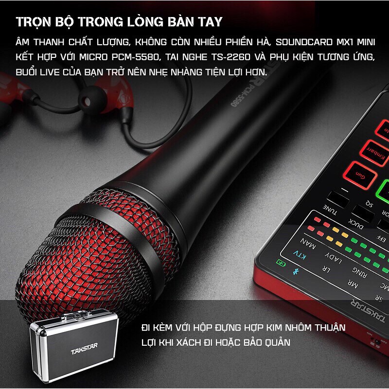 Combo mic thu âm Takstar MX1 mini đầy đủ mic livestream sound card có auto-tone tích hợp pin giá dây livestream tai nghe
