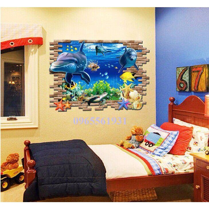 Decal Dán Tường, Tranh Chi Tiết Sẵn Keo Bóc Dán Cửa Sổ Cá Heo AY9706