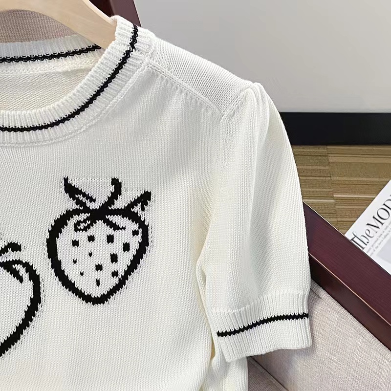 Áo Thun Dệt Kim Tay Ngắn In Hình Dâu Tây Thời Trang Mùa Hè Hàng Mới Dành Cho Bạn Nữ