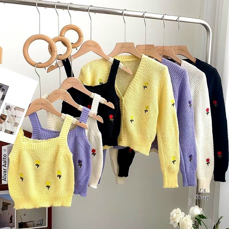 Set áo len cặp hai chi tiết ( áo len cadigan mix áo hai dây ) len đan sợi dày dặn