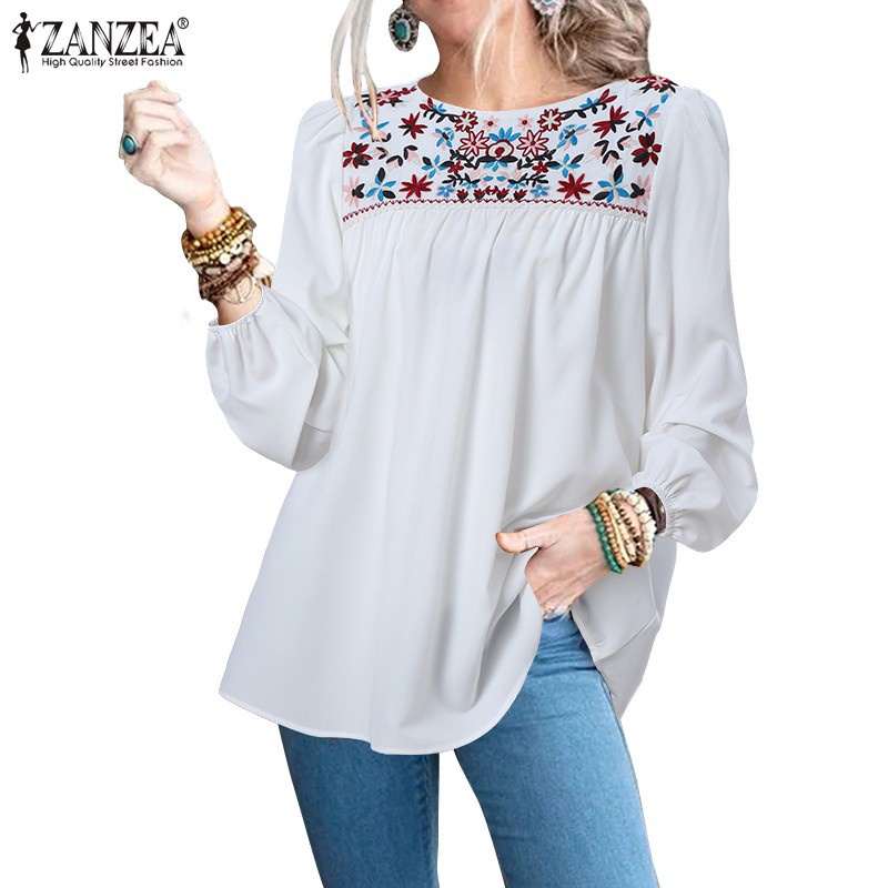 Áo kiểu Zanzea tay dài cổ tròn thêu hoa thời trang giản dị cho nữ