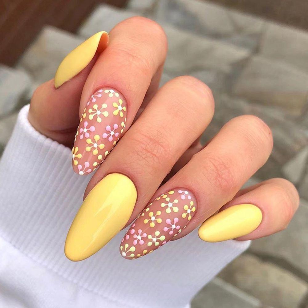 Bộ 24 Móng Tay Giả Dạng Nhấn Che Phủ Toàn Diện Họa Tiết Hoa Kiểu Pháp
