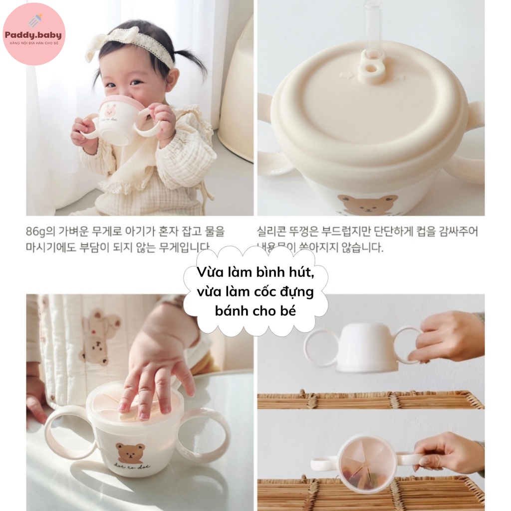 Cốc hút, tập hút nước cho bé Dottodot x Tgm Hàn Quốc - tặng kèm nắp đậy + cọ vệ sinh ống hút - made in Korea