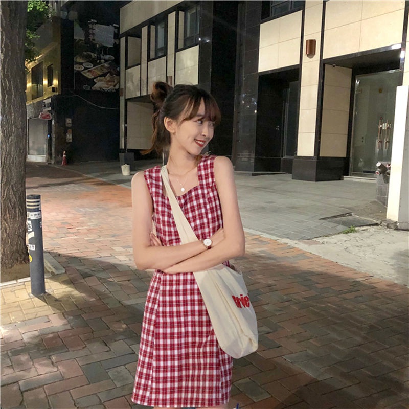 Summer Korean Style New Lace-up Waist Hugging Slim Retro PlaidAWomen's Student Sling Dress