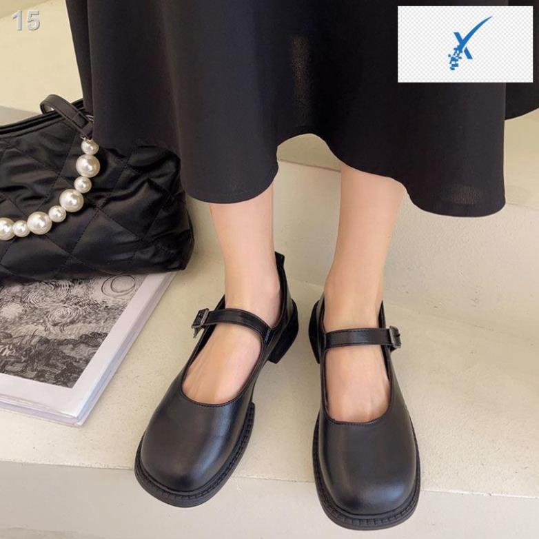 Giày một lớp Mary Jane đế dày cổ điển mẫu mới xuân thu 2021 da gót thô jk khóa ngang mũi tròn nữ kiểu Nhật