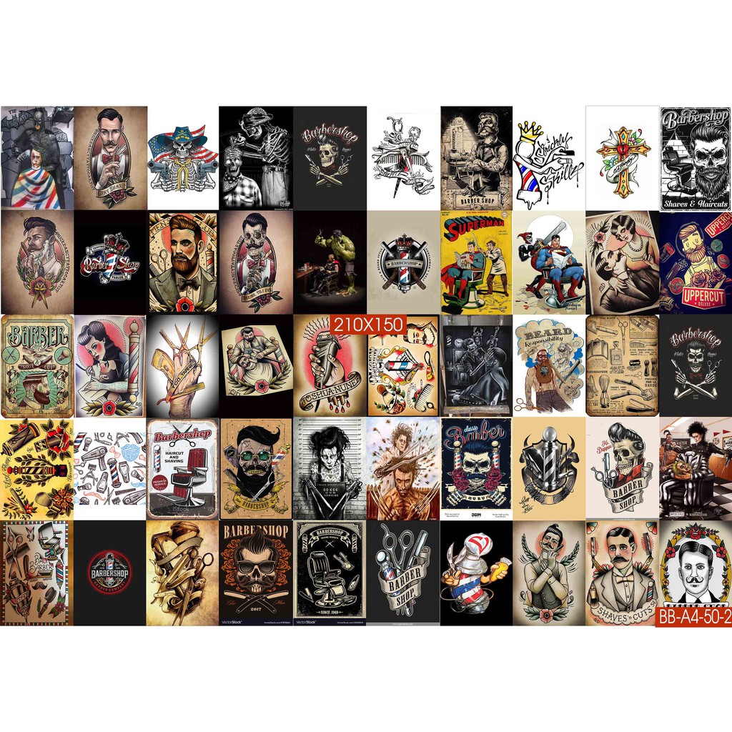 Combo Set 50 tờ Decal dán tường Quán Cắt Tóc Baber Cao Cấp Không Bay Màu A3,A4,A5