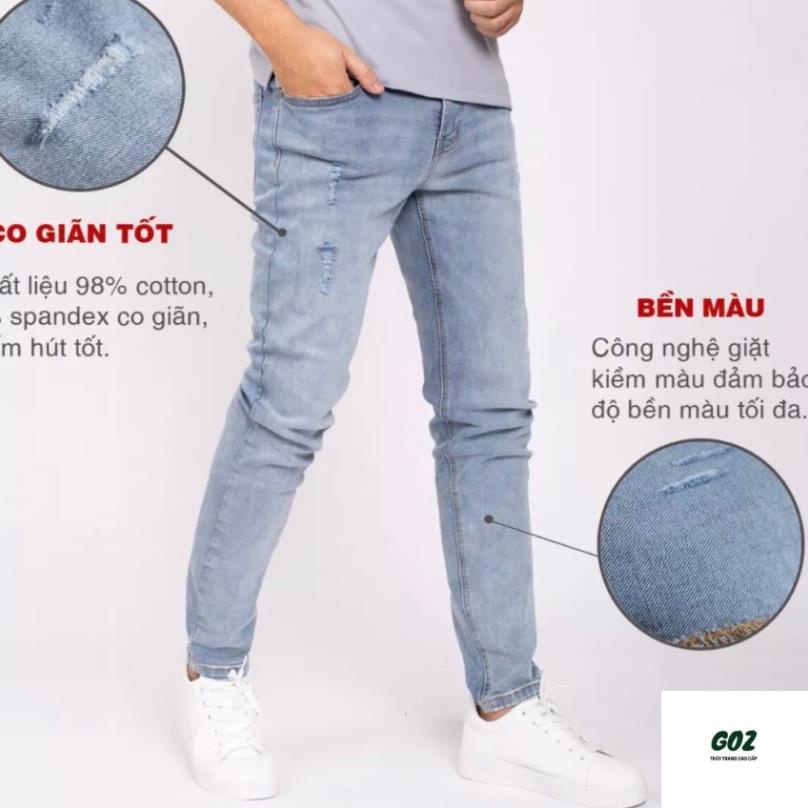 Quần Jean Nam GOZ Màu Xanh, Trơn - Cào Rách, Phom Ôm, Trẻ Trung, Thanh Lịch, Co Giãn Tốt , Size &lt; 84Kg