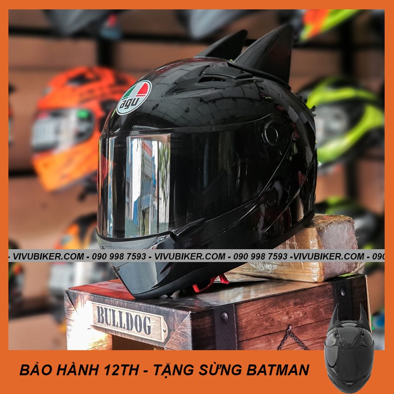 Mũ bảo hiểm Fullface AGU đen bóng - Asia mt136 đen nhám kèm sừng BATMAN chính hãng bảo hành 12th