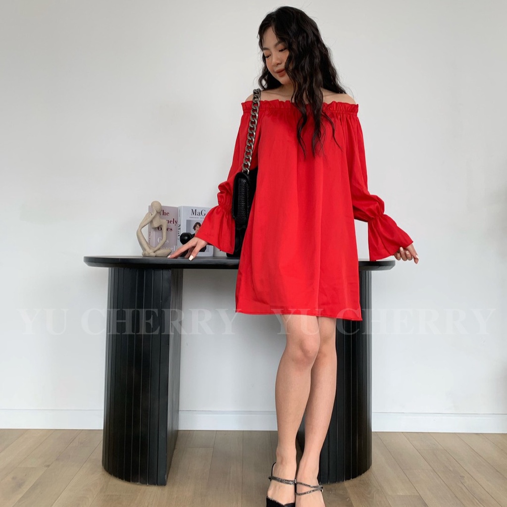 YU CHERRY | Đầm trễ vai phom suông, tay phồng, thun cổ tay, Minnie Off Shoulder Dress YD148