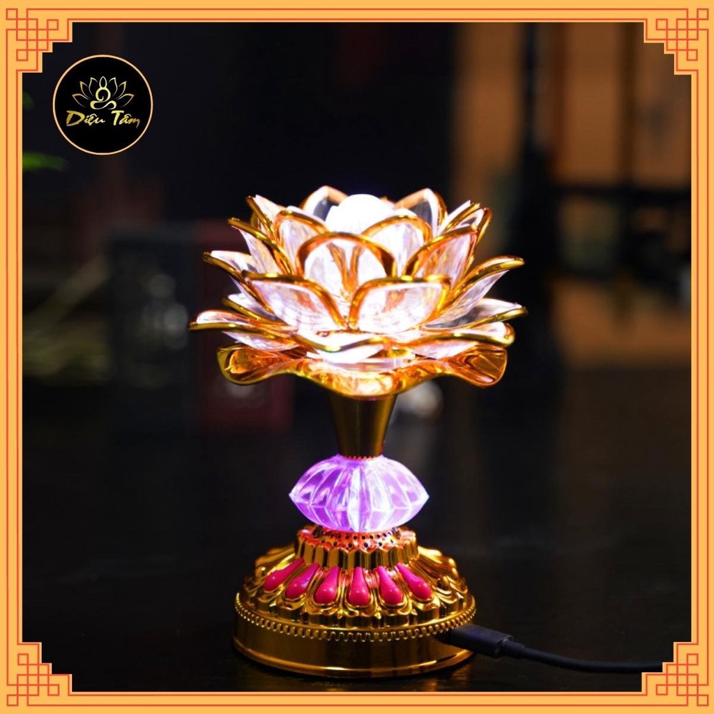 Đèn thờ hoa sen đồ thờ cúng - máy niệm phật 8 bài đổi màu Diệu Tâm