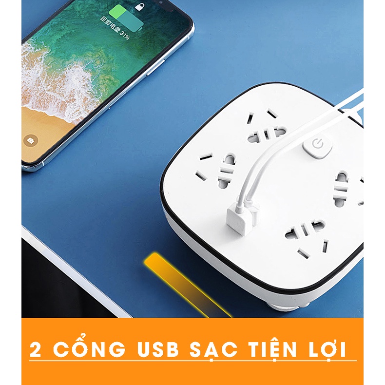 Ổ Cắm Điện Thông Minh Đa Năng Quấn Gọn, Dây Dài 2,8M Có Đầu Cắm USB Sạc An Toàn Chống Giật (Tặng ổ 3 chân sang 2 chân)