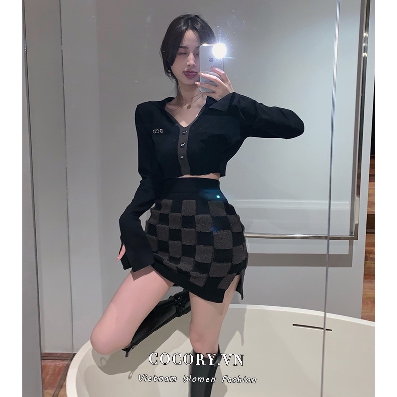Cocory vn Bộ áo croptop dệt kim tay dài cổ chữ V + chân váy xẻ tà thời trang quyến rũ cho nữ