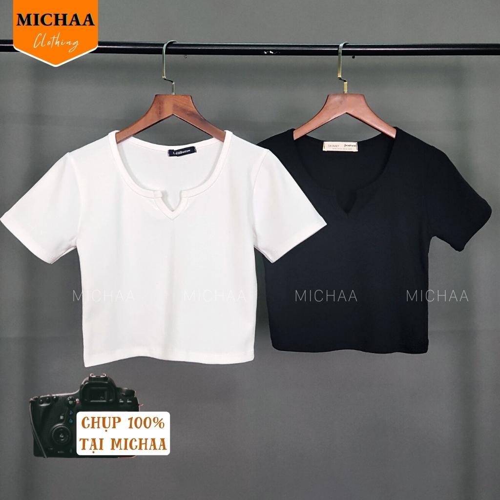 Áo Croptop Cổ KHOÉT CHỮ V Tay Ngắn Nữ Thun Cotton Phong Cách Gợi Cảm - MICHAA