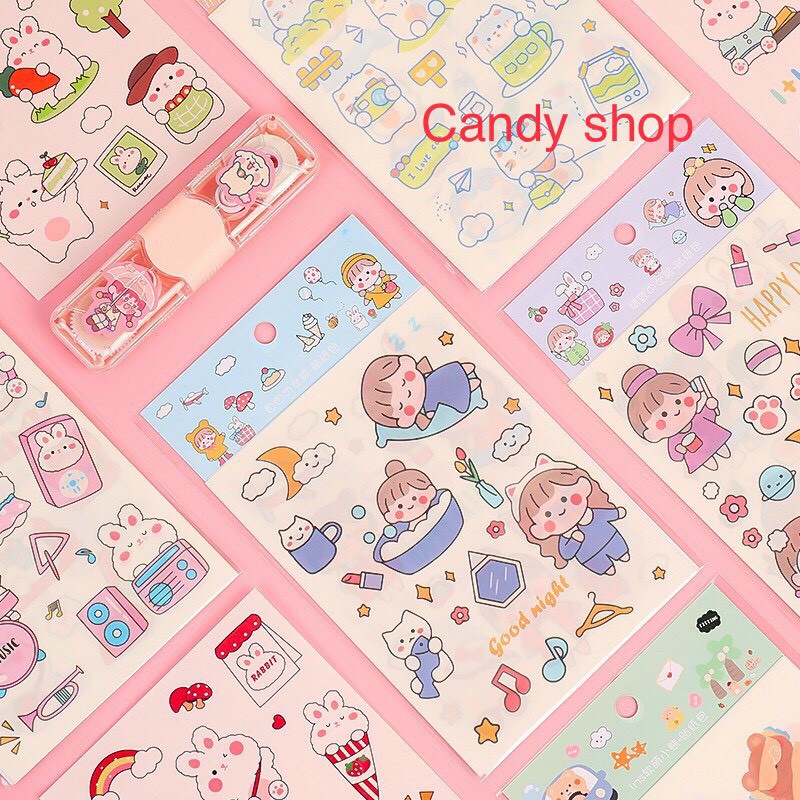 Bộ 4 tấm sticker trang trí cô gái,gấu, thỏ, mèo mẫu chữ nhật