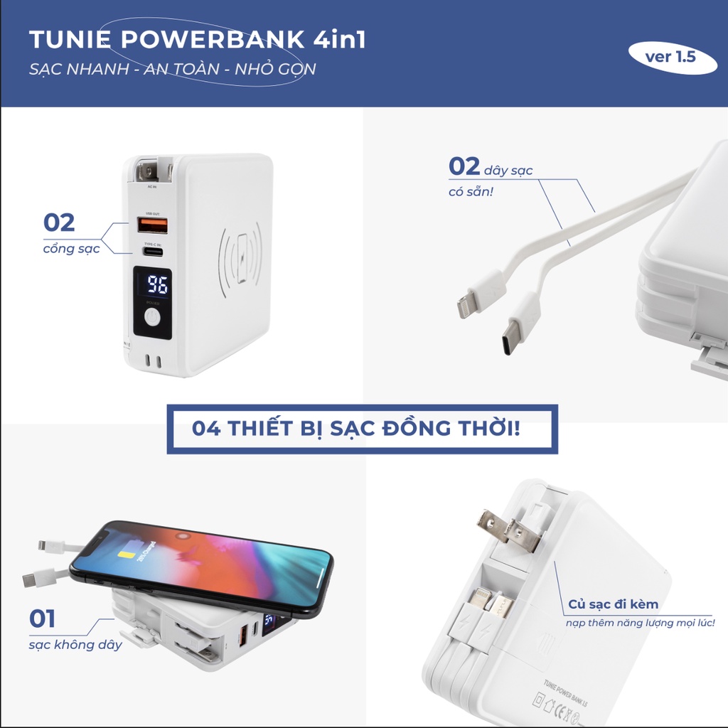 Sạc dự phòng Tunie 4in1 15000mAh hỗ trợ sạc nhanh, kèm cáp sạc, sạc không dây, màn LED hiển thị