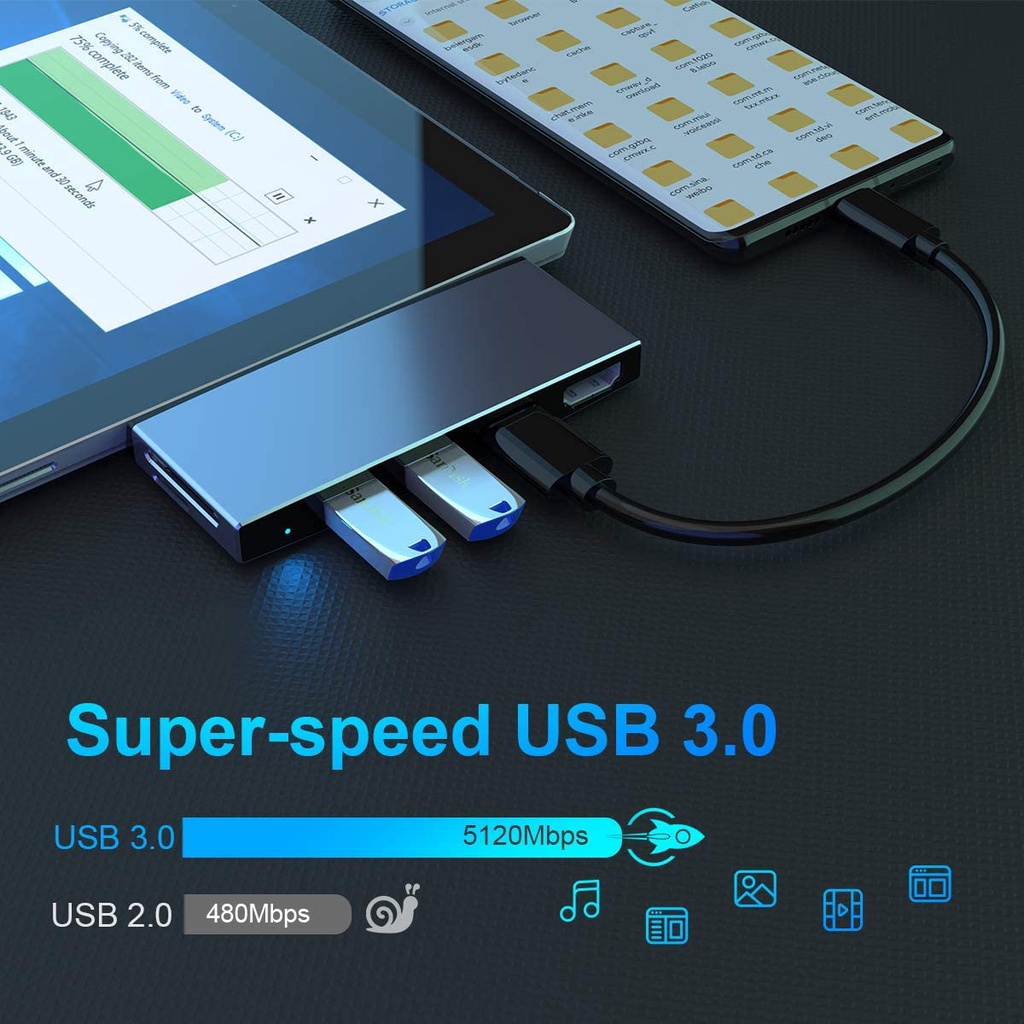 Bộ chuyển đổi USB 6 trong 1 cho Microsoft Surface Pro 6 / Pro 5 / Pro 4 cổng hub mạng Docking Station với Bộ chuyển đổi USB hdmi 4K, 3 cổng USB 3.0 (5Gps), Màn hình usb đầu đọc thẻ SD / TF Micro Card Reader