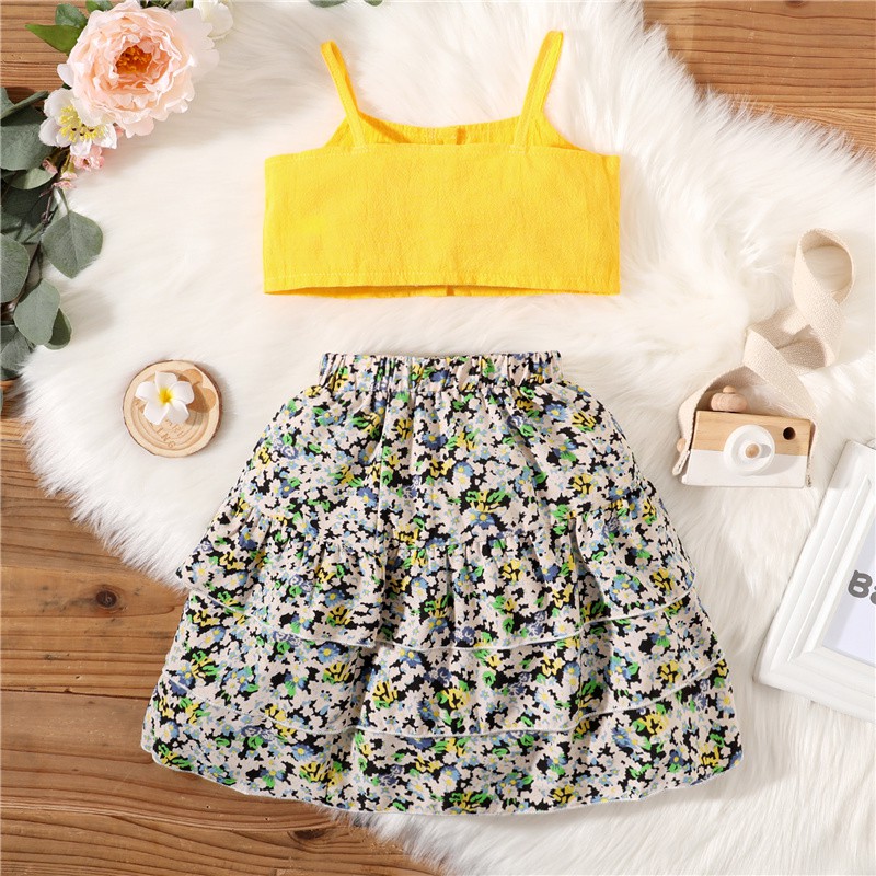 Kid Toddler Baby Girl Clothes Set Strap Top + Floral Print Skirt 2PCS Summer Suit