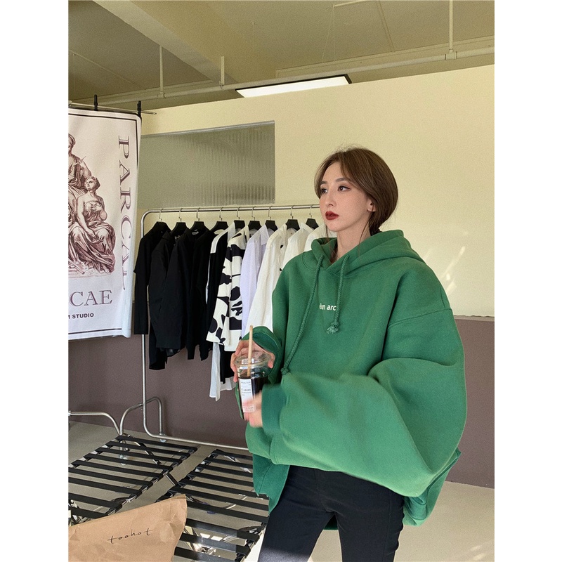 Áo hoodie bằng cotton dáng rộng dài có mũ trùm đầu thời trang