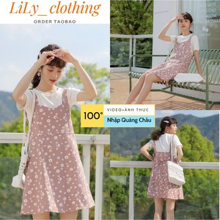Váy yếm nữ Quảng Châu [VIDEO+ẢNH THẬT] Đầm yếm denim màu hồng phối hoa cúc ulzzang kiểu hàn trẻ trung không kèm áo trắng