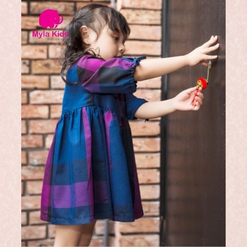 Đầm đôi mẹ bé gái họa tiết kẻ bbr màu xanh tím thiết kế tay lửng cổ sơ mi chất liệu cotton nhật cao cấp Myla Kids