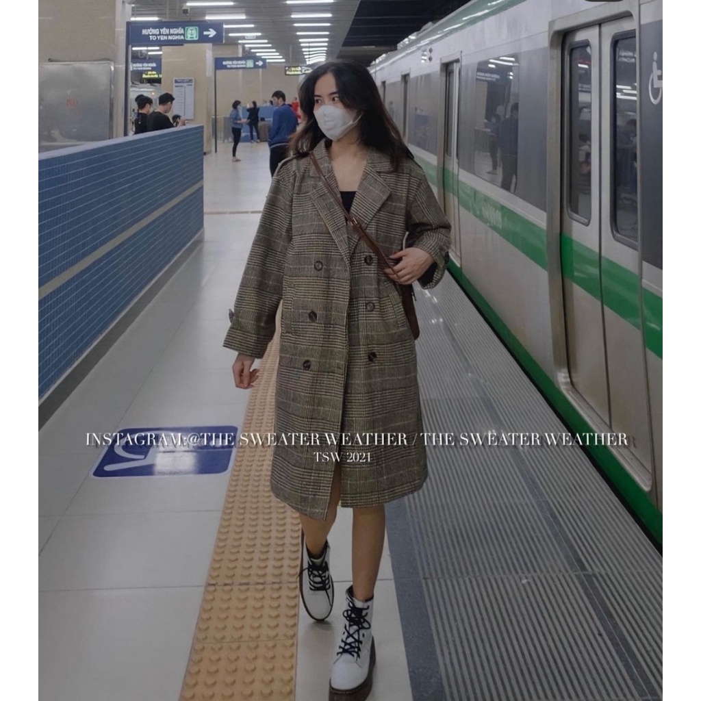 Áo măng tô nữ dạ kẻ Hàn Quốc trần bông dáng dài - EllyStore | BigBuy360 - bigbuy360.vn