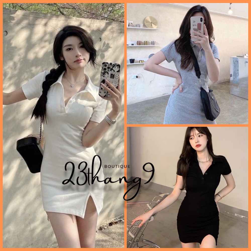 Đầm body váy cổ bẻ polo xẻ trước 23thang9 chất thun gân tăm cao cấp váy ôm sexy nữ thiết kế đi dự tiệc đi phố 23thang9