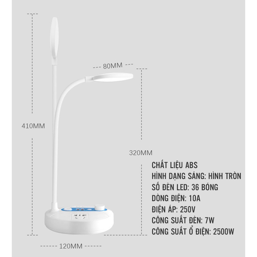 Đèn Led Để Bàn Sạc Pin Tích Hợp 2 Đầu Ra USB Và 2 Ổ Cắm Điện Có Công Tắc Điều Chỉnh Ánh Sáng