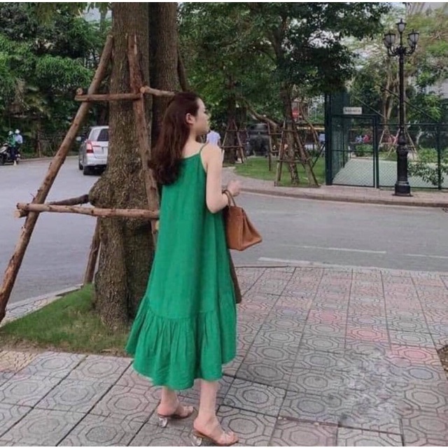 Đầm đi biển đuôi cá hai dây from rộng - váy xoè bầu bí bon chen dạo phố