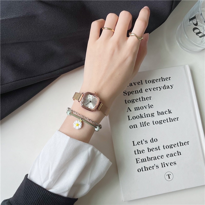 Đồng hồ thời trang DÂY SẮT nữ Ulzzang mặt bo góc vuông kiểu dáng basic