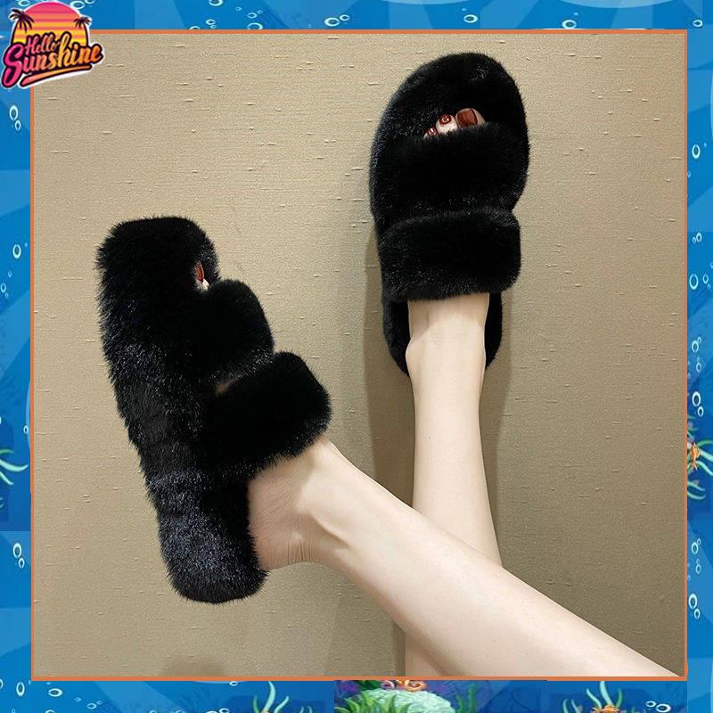 Dép đi trong nhà phối lông dày dặn thiết kế đế tăng chiều cao chống trượt thời trang