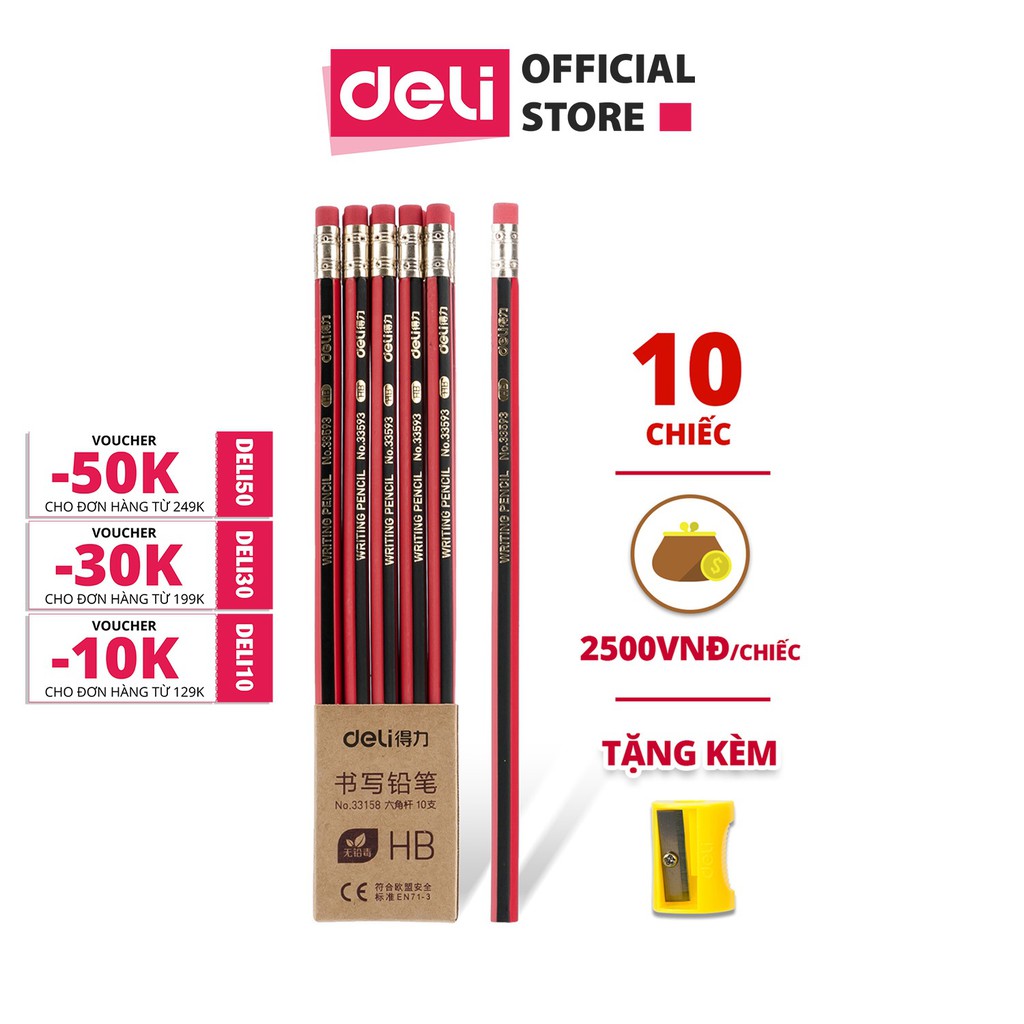 Bút chì lục giác Deli - bút chì gỗ - loại 2B/HB - 10 chiếc/hộp - 33158 / 33159