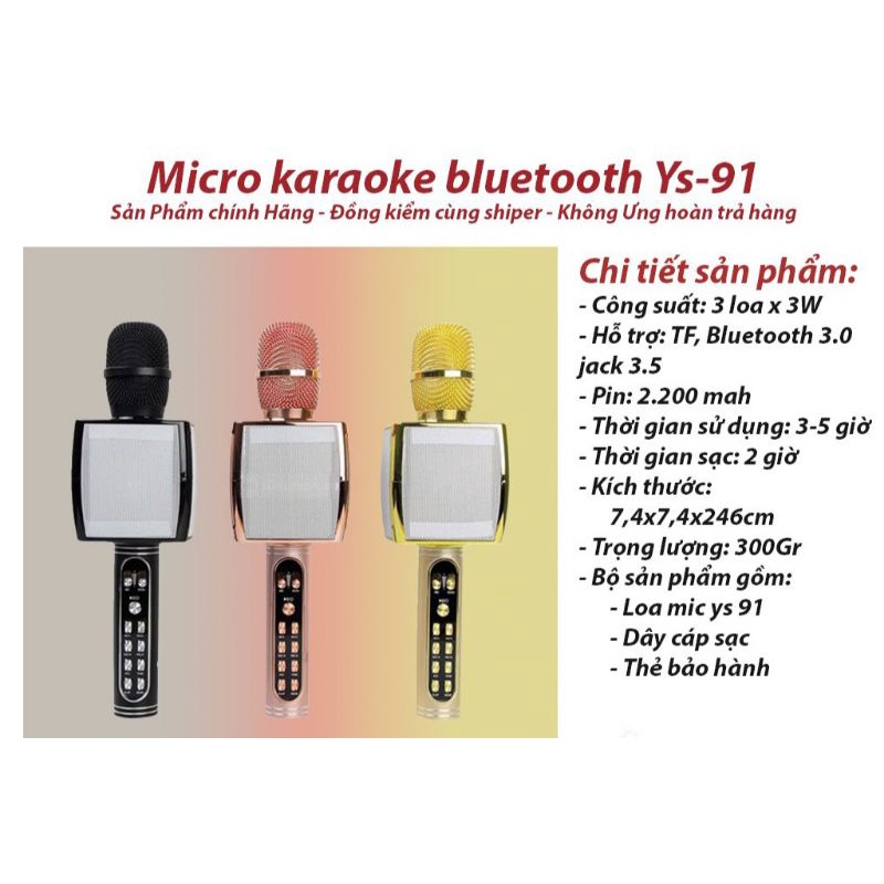 Micro karaoke bluetooth Ys-91, mic cầm tay, loa bluetooth kèm mic không dây hỗ trợ ghi âm thẻ nhớ, Usb